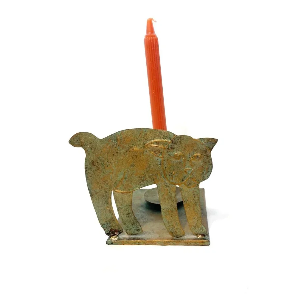 Cat Shaped Copper Brass Candle Holder Patina Taper Candles